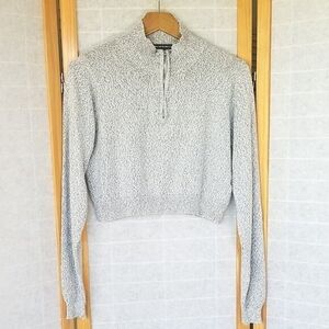 Cropped Half-Zip Knit Sweater - Light Gray